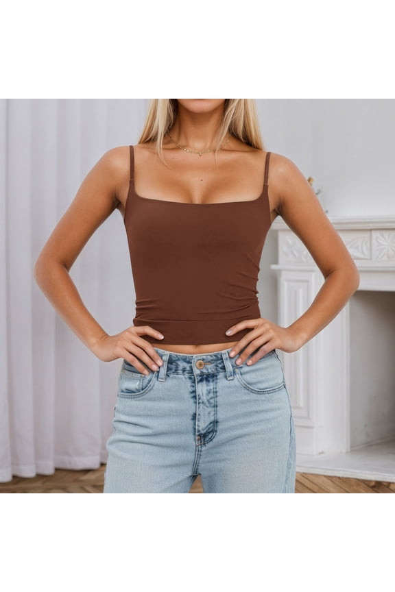 Women Tank Tops Solid Square Neck Thin Straps Removable Padding Adjustable Strap Slim Top Womens Cami Coffee XS