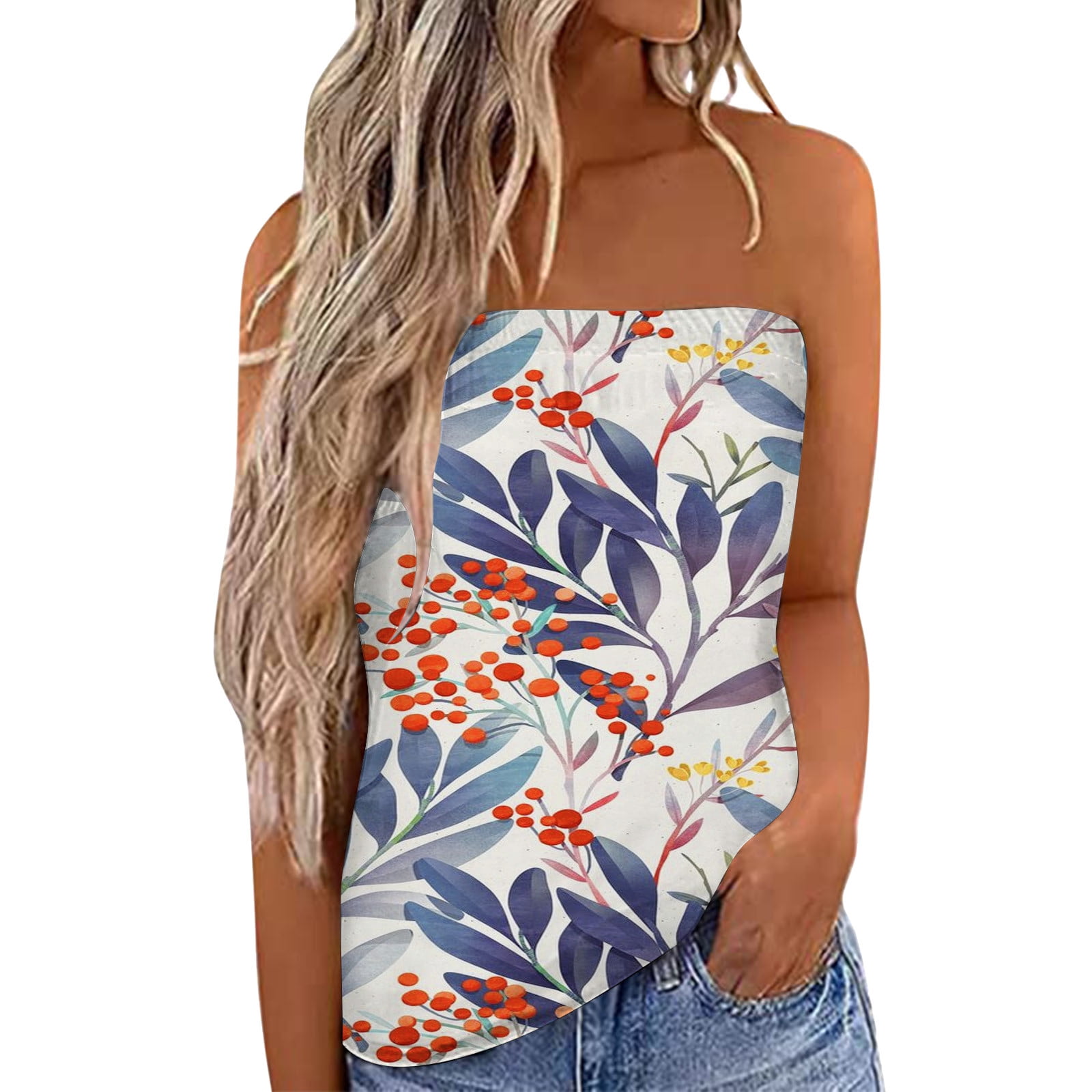 Women Tank Tops Strapless Bandeau Tank Beach Party Casual Sleeveless 