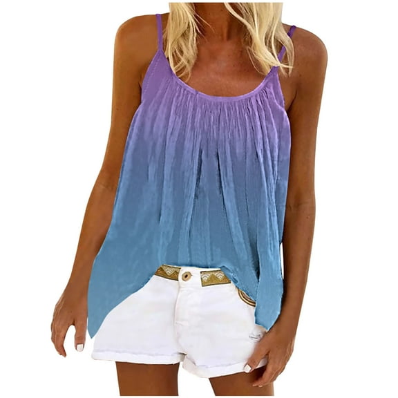 Women Tank Tops Summer Gradient Color Top Fashion Round Neck Sleeveless Print Casual Loose Tank Top Blouse