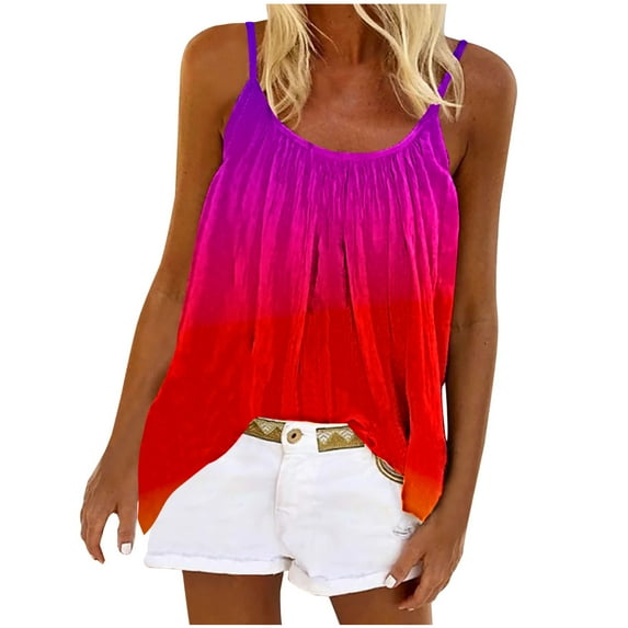 Women Tank Tops Summer Gradient Color Top Fashion Round Neck Sleeveless Print Casual Loose Tank Top Blouse