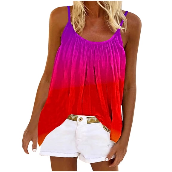 Women Tank Tops Summer Gradient Color Top Fashion Round Neck Sleeveless Print Casual Loose Tank Top Blouse