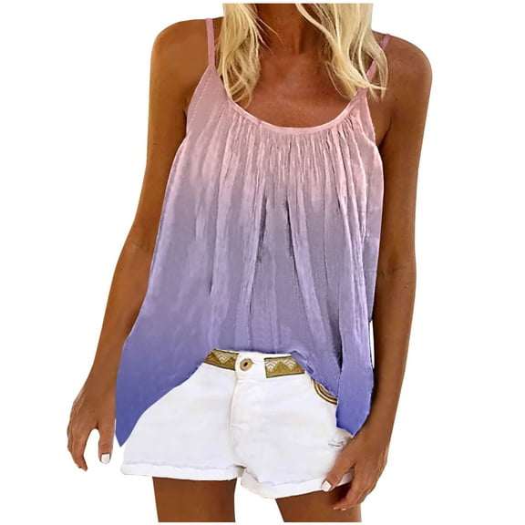 Women Tank Tops Summer Gradient Color Top Fashion Round Neck Sleeveless Print Casual Loose Tank Top Blouse