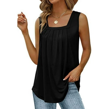 Women Tank Tops Summer Pleated Flowy Sleeveless Tops Dressy Casual Square Neck Shirts