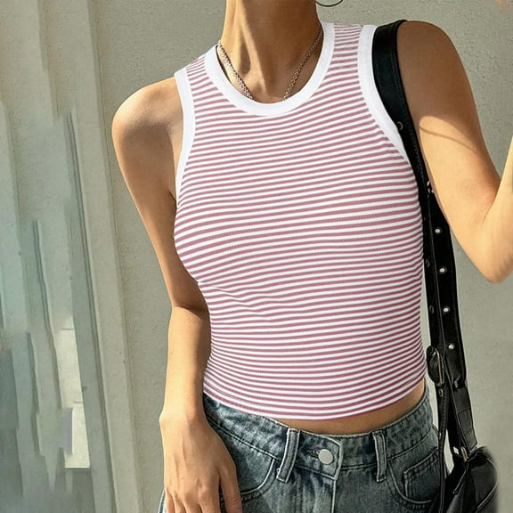 Women Tank Tops Summer Striped Print Crew Neck Tee Shirts Casual Slim Fit Sleeveless Standard Straps Blouses