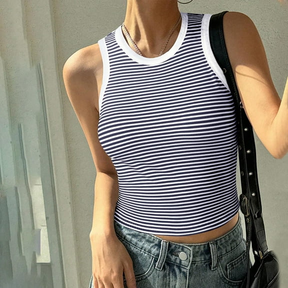 Women Tank Tops Summer Striped Print Sleeveless Basic Tight T Shirts Casual Slim Fit Standard Straps Summer Shirts