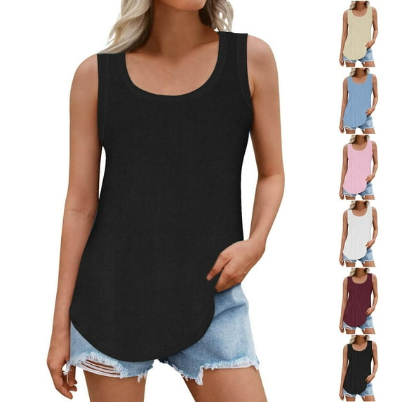 Women Tank Tops Summmer Sleeveless Tops Shirt Summer Women Solid Color Round Neck Sleeveless Casual Tee Tank Beach Vacation Clothes for Women S-2XL