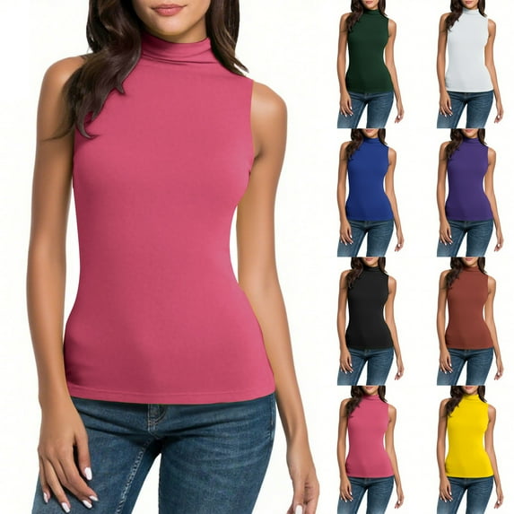 Women Tank Tops Turtleneck Sleeveless Solid Color Slim Fitness Stretchy Layer Tee Shirts Casual Loose Outdoor Shirt for Women White L