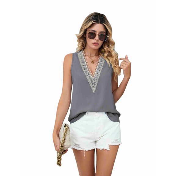 Women Tank Tops V Neck Sleeveless Lace Blouse Casual Vest Summer Camisole Shirts Grey M