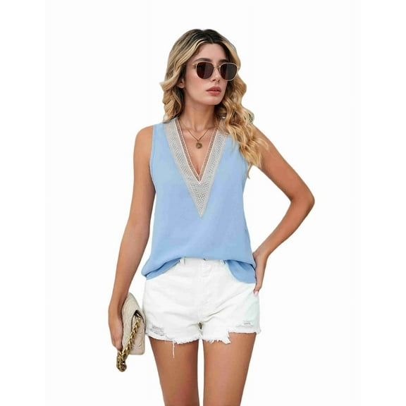 Women Tank Tops V Neck Sleeveless Lace Blouse Casual Vest Summer Camisole Shirts Sky Blue M