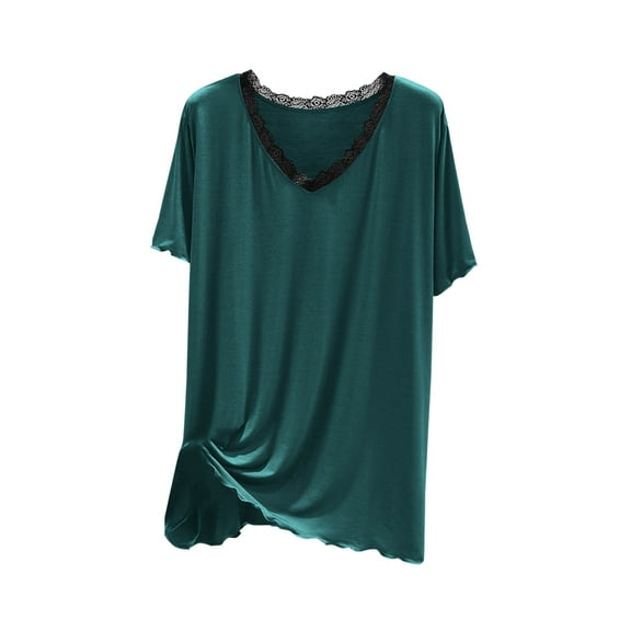 Women Tank Tops Women Fashion Large Size V-Neck Solid Color Lace V-Neck Short-Sleeved T-Shirt Home Coat Army Green Free Size