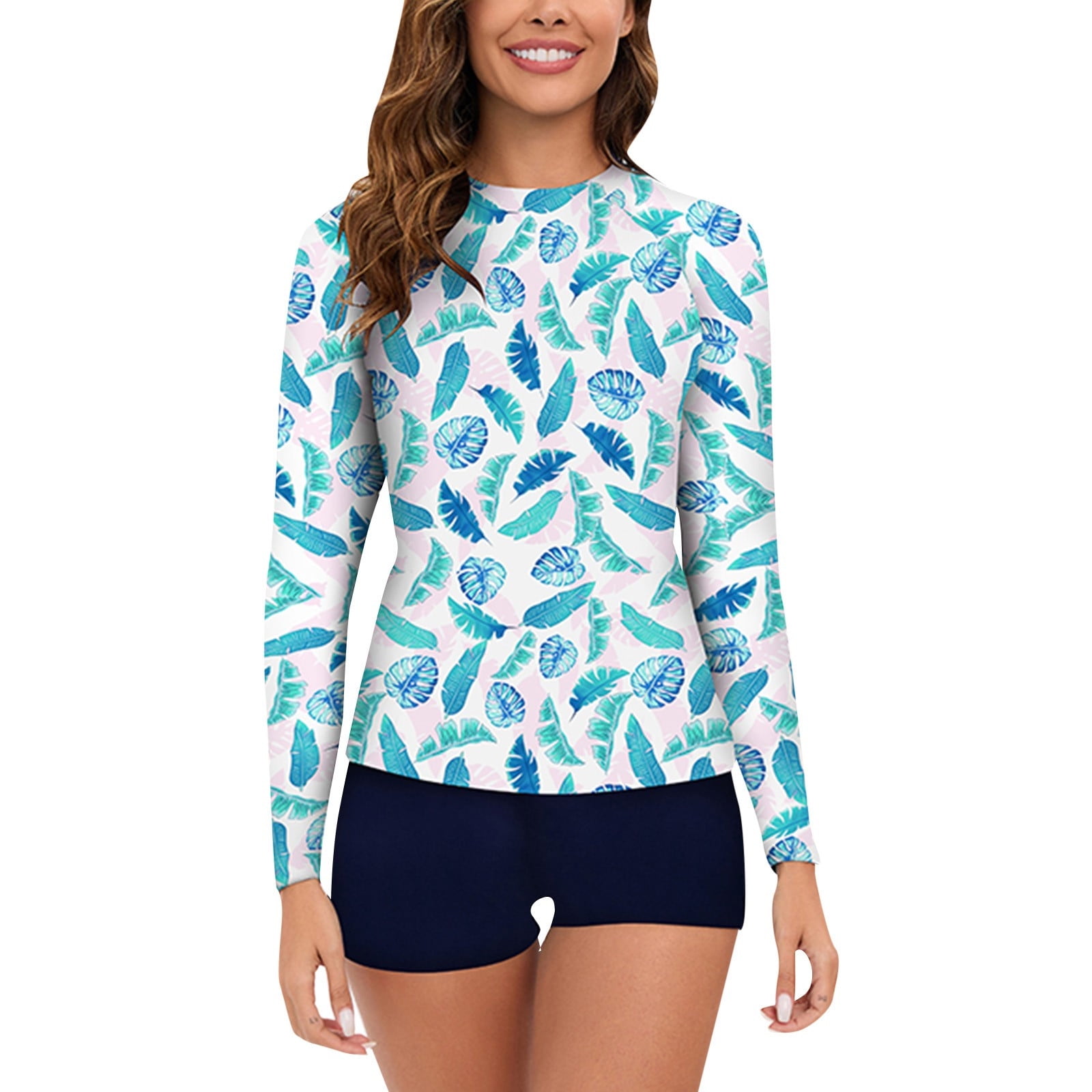 Women Tankini 2 Piece Bathing Suits Solid Color Long Sleeve Tummy