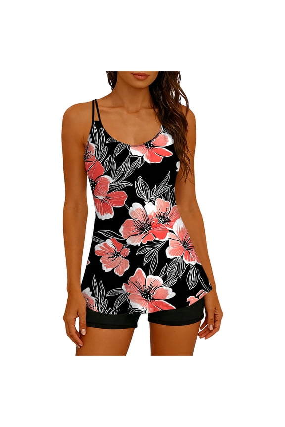Women Tankini Set Round Neck Printed Adjustable Back Clasp Padded No Underwire Two Piece Bathing Suit Black G XL