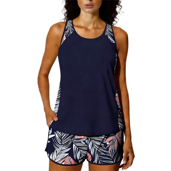 Women Tankini Set Sleeveless Crew Neck Built In Bra Halter High Waist Shorts Comfy Stretchy Print Swimsuit (M, Dark Blue-B)