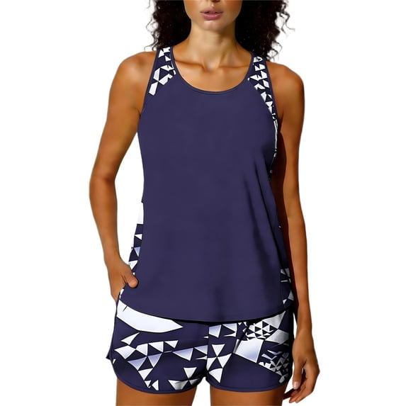 Women Tankini Set Sleeveless Crew Neck Built In Bra Halter High Waist Shorts Comfy Stretchy Print Swimsuit (S, Dark Blue)