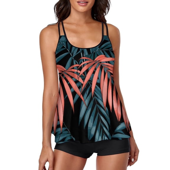 Women Tankinis Set Padded Push Up Gradient Color Flounce Floral Printed Top with Boyshorts 2 Pieces Athletic Sporty Swimsuit