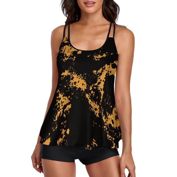 Women Tankinis Set Padded Push Up Gradient Color Flounce Floral Printed Top with Boyshorts 2 Pieces Athletic Sporty Swimsuit