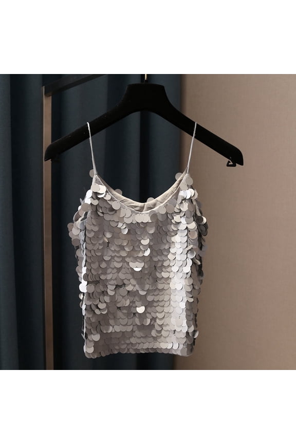 Women Tanks Camis Carnival Clothes For V Neck Fish Scale Sequinsed Tank Top Shiny Spaghetti Strap Vest For Women Mardi Gras Grey One Size