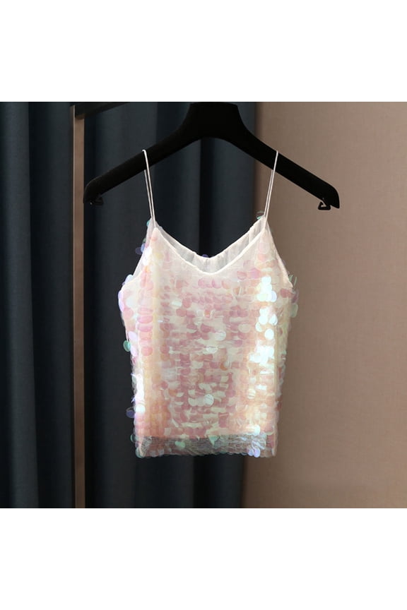 Women Tanks Camis Carnival Clothes For V Neck Fish Scale Sequinsed Tank Top Shiny Spaghetti Strap Vest For Women Mardi Gras White One Size
