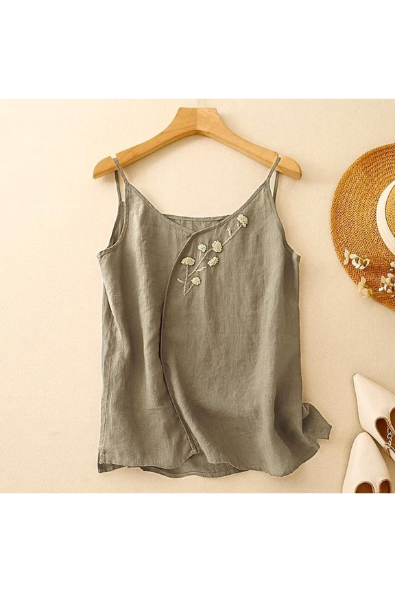 Women Tanks Camis Style Camisole Linen Embroidered Sleeveless Tank Top Summer Fashion Casual Cropped Blouse