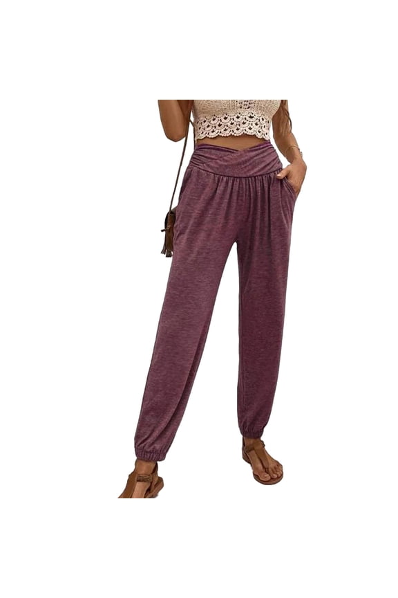 Women Tapered Cuff Jogger Cross Wrap Waist High Rise Loose Fit Workout Yoga Pants with Pockets Purple XL