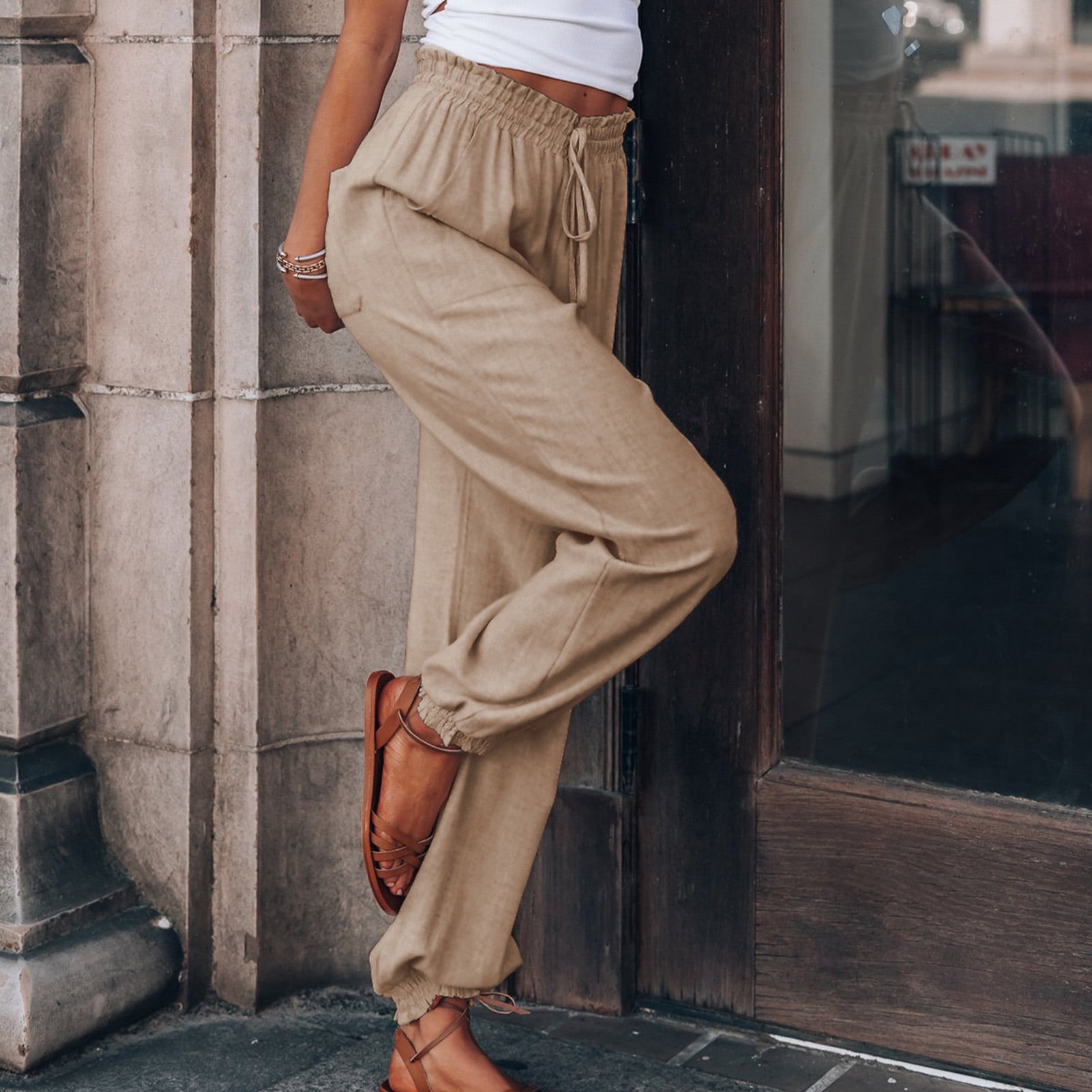 Tapered Pants Back Elastic Waist Drawstring Jogger Solid Color Casual Trousers with Pocket