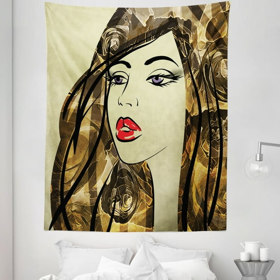 Women Tapestry, Abstract Artwork of Lady Portrait Modern Floral Detailed Hair Sketch, Fabric Wall Hanging Decor for Bedroom Living Room Dorm, 5 Sizes, Pale Khaki Scarlet Brown, by Ambesonne