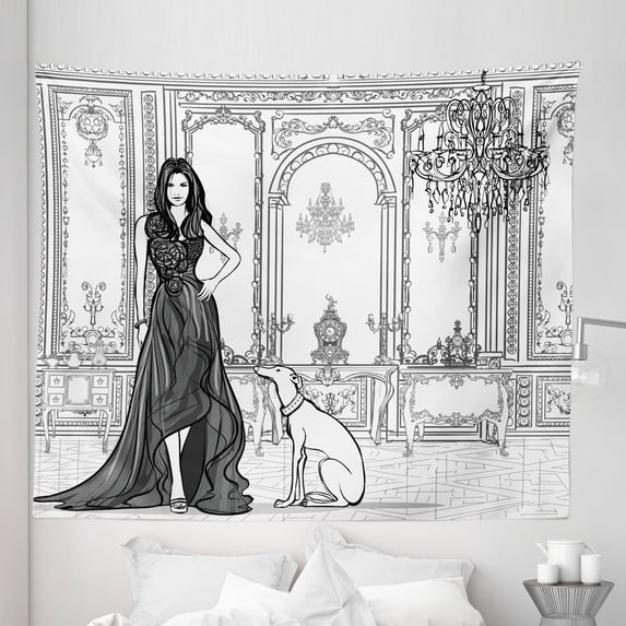 Women Tapestry, Fashion Gown Lady in Victorian Palace Dog Baroque Outline Illustration Print, Fabric Wall Hanging Decor for Bedroom Living Room Dorm, 5 Sizes, Dark Grey and White, by Ambesonne