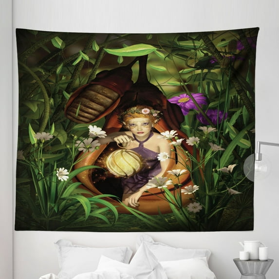 Girls Tapestry, Female Elf Sitting with Lantern in Cocoon Mysterious Greenery Nighttime, Fabric Wall Hanging Decor for Bedroom Living Room Dorm, 5 Sizes, Green Brown, by Ambesonne