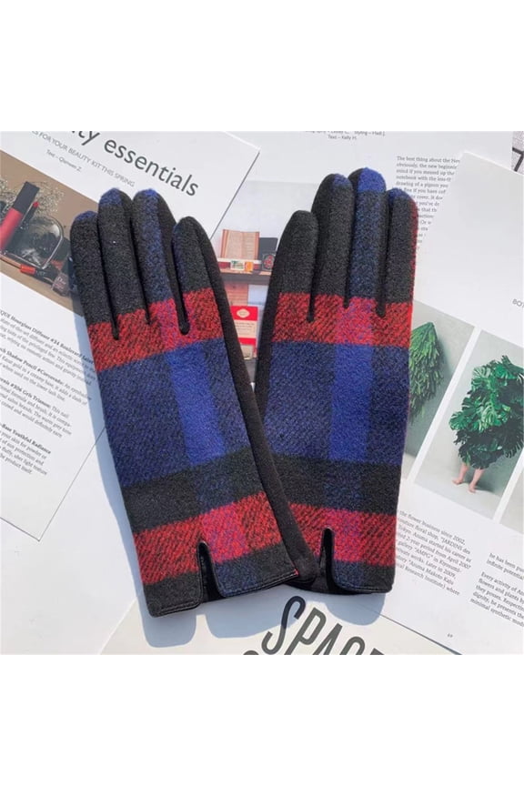 Women Tartan Checked Plaid Touchscreen Gloves Winter Warm Christmas Holiday Gift Blue