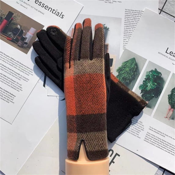 Women Tartan Checked Plaid Touchscreen Gloves Winter Warm Christmas Holiday Gift Orange