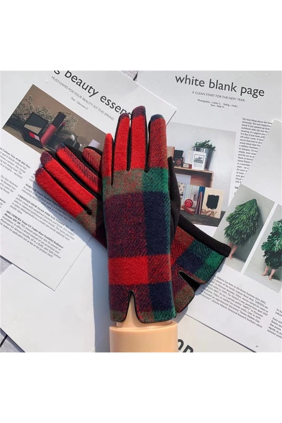 Women Tartan Checked Plaid Touchscreen Gloves Winter Warm Christmas Holiday Gift Red