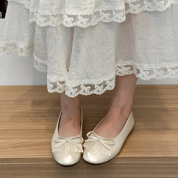 Women Tassel Bow Ballet Flats, Round Toe Slip‑On Soft Ballerina Shoes, Lightweight Flat Dress Shoes for Party Wedding Office