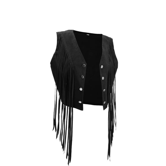 Women Tassel Cropped Vest Open Front Faux-Suede Western Fringe Jacket Boho Sleeveless Trendy Hippie Cardigan Outwear Black, M
