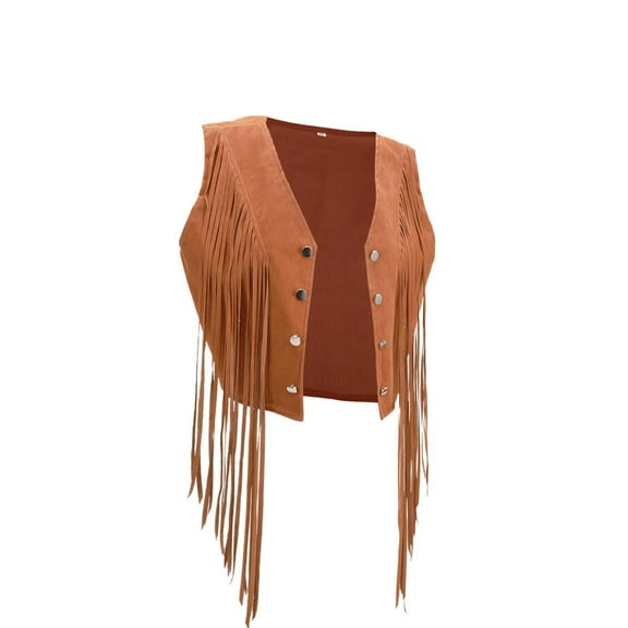Women Tassel Cropped Vest Open Front Faux-Suede Western Fringe Jacket Boho Sleeveless Trendy Hippie Cardigan Outwear Khaki, XL
