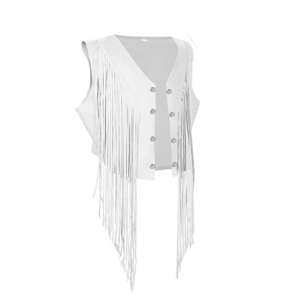 Women Tassel Cropped Vest Open Front Faux-Suede Western Fringe Jacket Boho Sleeveless Trendy Hippie Cardigan Outwear White, M