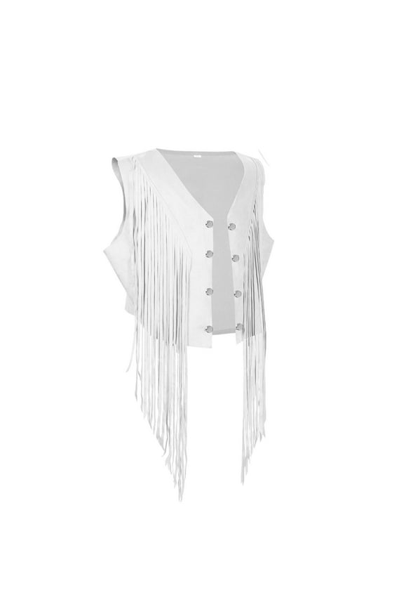 Women Tassel Cropped Vest Open Front Faux-Suede Western Fringe Jacket Boho Sleeveless Trendy Hippie Cardigan Outwear White, M