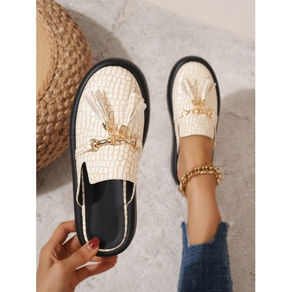 Women Tassel Decor Crocodile Embossed Flat Mules Elegant Summer Flat Shoes