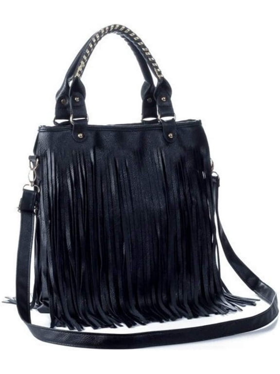Women Tassel Fringe Shoulder bag Big Tote Messenger Handbag Hobo Cross Body Bag (Black)