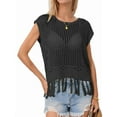 thumbnail image 1 of Women Tassel Knitted Crochet Mesh Crop Top Sexy- Short Sleeve Fishnet Top See Through Cover Up Black S, 1 of 7