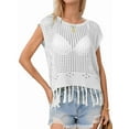 thumbnail image 1 of Women Tassel Knitted Crochet Mesh Crop Top Sexy- Short Sleeve Fishnet Top See Through Cover Up Cream White M, 1 of 7
