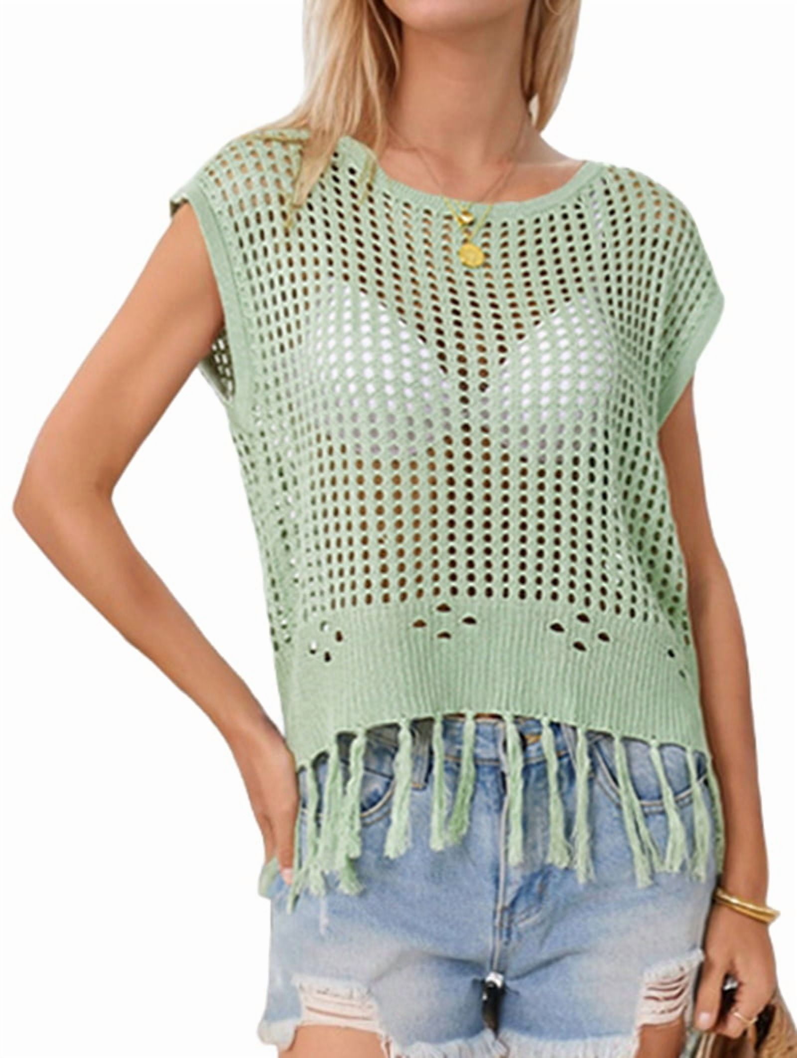 Women Tassel Knitted Crochet Mesh Crop Top Sexy- Short Sleeve