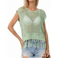 thumbnail image 1 of Women Tassel Knitted Crochet Mesh Crop Top Sexy- Short Sleeve Fishnet Top See Through Cover Up Green XL, 1 of 7