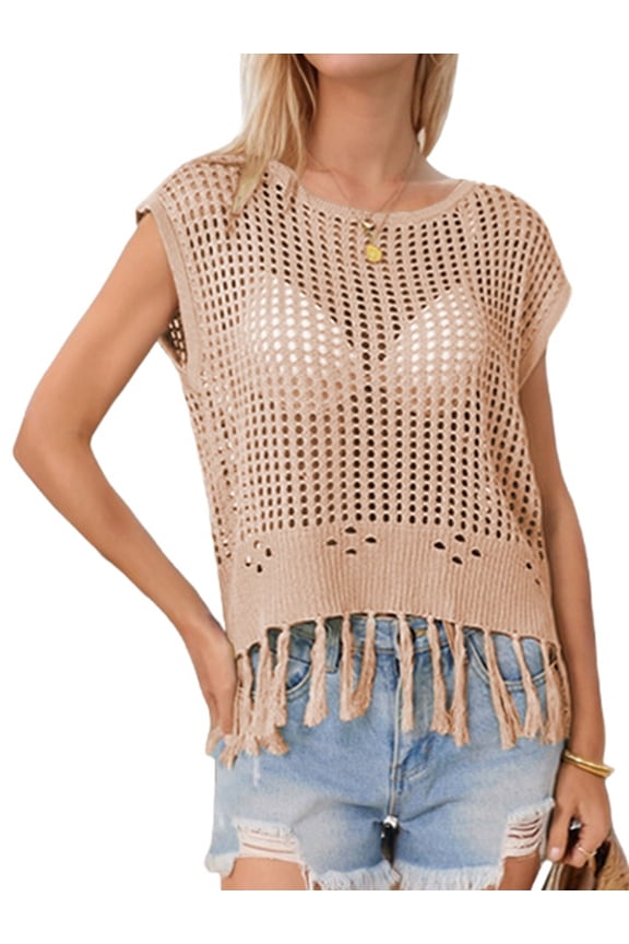 Women Tassel Knitted Crochet Mesh Crop Top Sexy- Short Sleeve Fishnet Top See Through Cover Up Khaki XL