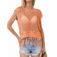 thumbnail image 1 of Women Tassel Knitted Crochet Mesh Crop Top Sexy- Short Sleeve Fishnet Top See Through Cover Up Orange & Red S, 1 of 6