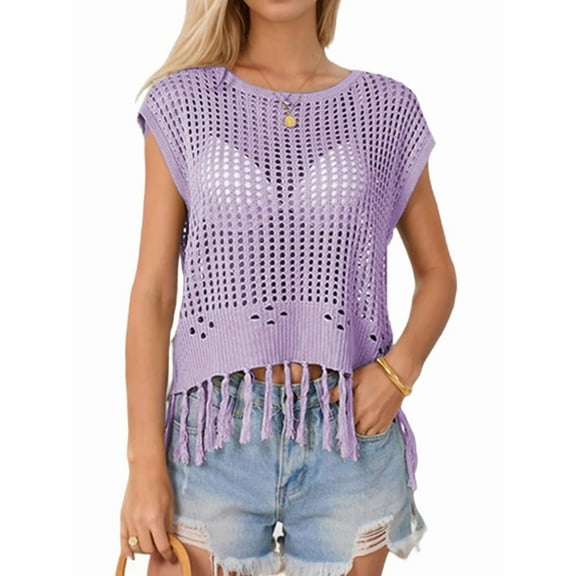 Women Tassel Knitted Crochet Mesh Crop Top Sexy- Short Sleeve Fishnet Top See Through Cover Up  XL