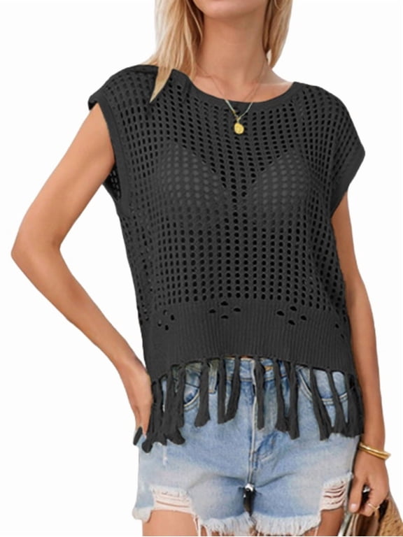 Women Tassel Knitted Crochet Mesh Crop Top Sexy- Short Sleeve Fishnet Top See Through Cover Up