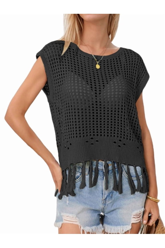 Women Tassel Knitted Crochet Mesh Crop Top Sexy- Short Sleeve Fishnet Top See Through Cover Up