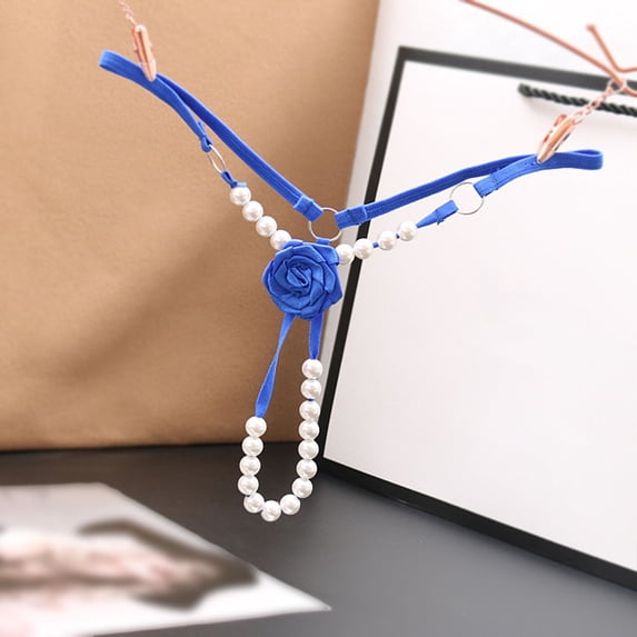 Women Tassel Mesh Pearl Briefs Hollow Out Panties Lace Up Thong G String Underwear Blue One Size