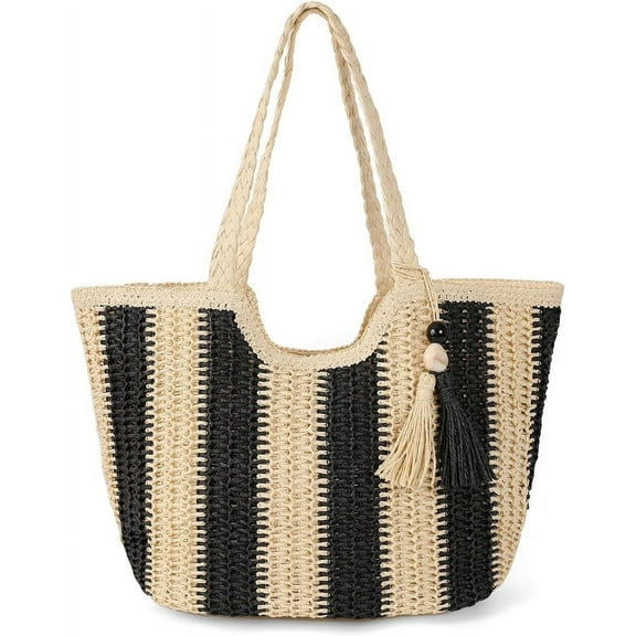 Women Tassel Straw Beach Bag Large Summer Straw Tote Bag Vocation Woven Bag Travel Straw Shoulder Zipper Bags with Pom