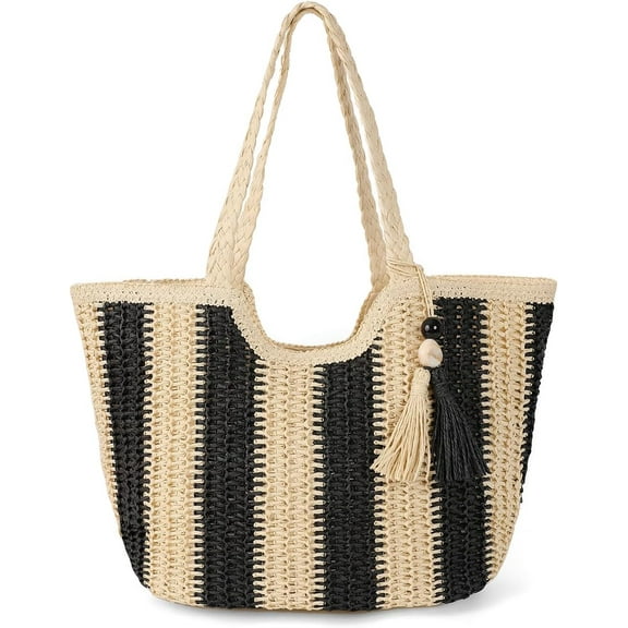 Women Tassel Straw Beach Bag Large Summer Straw Tote Bag Vocation Woven Bag Travel Straw Shoulder Zipper Bags with Pom